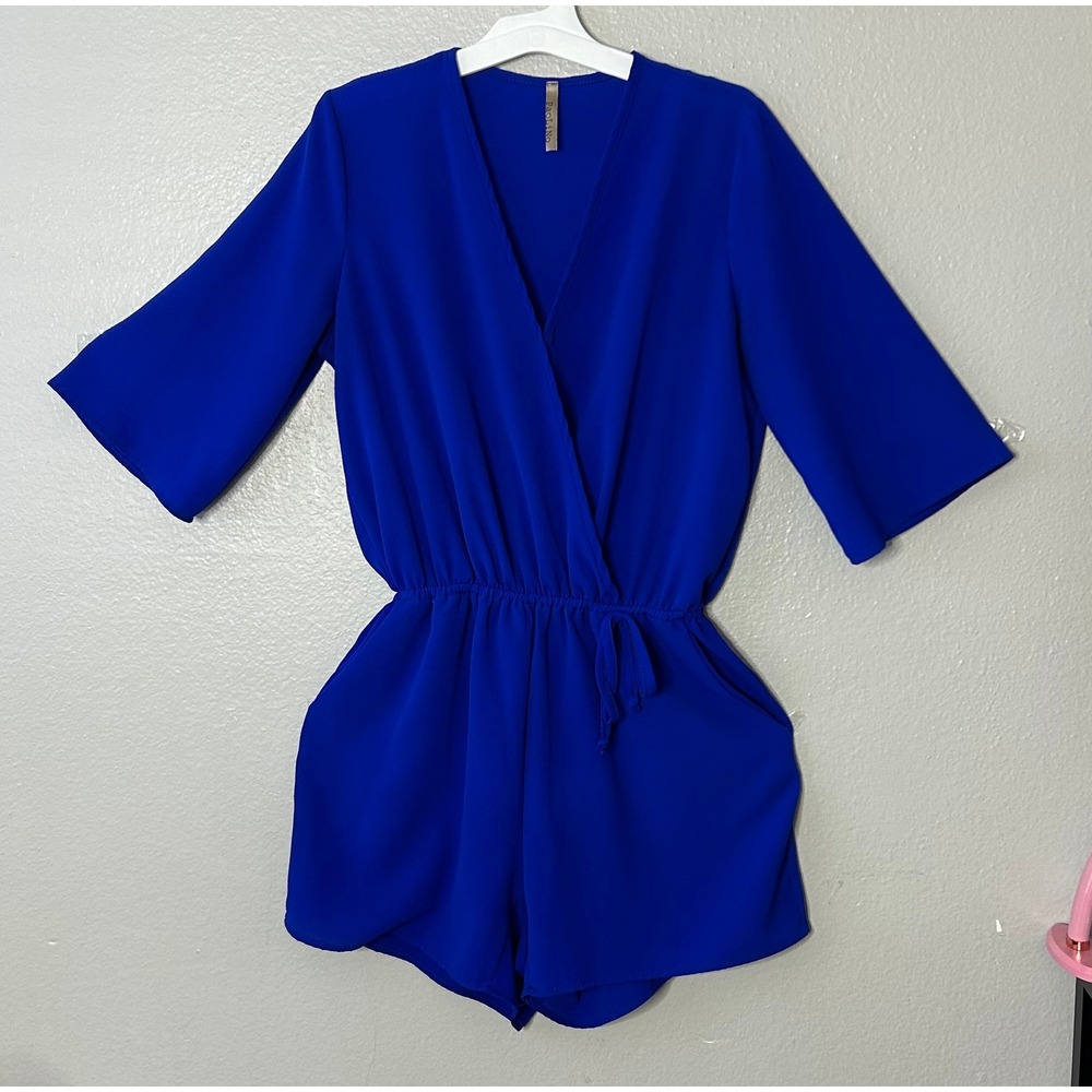 Paolino Womens Cobalt Blue Wrap Front Romper Elastic Waist Pockets Size Small - Picture 2 of 8